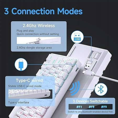 Klawiatura mechaniczna gamingowa TMKB T63 Blue switch biała