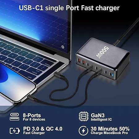 Ładowarka USB C 500W 8 Portów Szybkie Ładowanie MacBook iPad