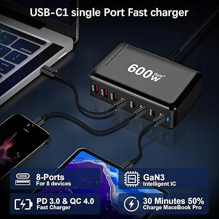 Ładowarka USB C 600W 8 Portów Szybkie Ładowanie QIQIAZI MacBook iPad
